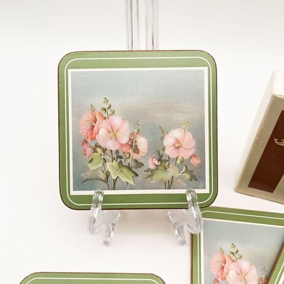 Vintage English Life Hollyhocks Acrylic Cork Back Coaster Set of 6 Original Box - Picture 6 of 9